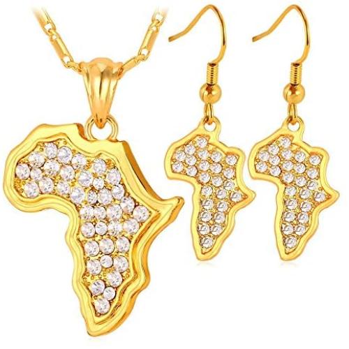 U7 African Jewelry Platinum or 18K Gold Plated Outline Pendant Charm Dangle Drop Earrings Africa Map Necklace Earrings Set