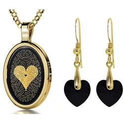 Love Jewelry Set I Love You Necklace in 120 Languages 24k Gold Inscribed in Miniature Text on Oval Black Onyx Gemstone Pendant and Black Crystal Heart Dangle Earrings for Women, 18'' Rolo Chain