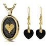 Love Jewelry Set I Love You Necklace in 120 Languages 24k Gold Inscribed in Miniature Text on Oval Black Onyx Gemstone Pendant and Black Crystal Heart Dangle Earrings for Women, 18'' Rolo Chain