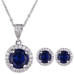 AMYJANE Halo Crystal Jewelry Set - Sterling Silver Round Cubic Zirconia Crystal Bridal Pendant Necklace Earrings Set for Wedding Bride Bridesmaids