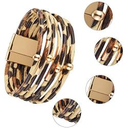 Hicarer 5 Pieces Leopard Tube Bracelet Multilayer Leather Cuff Bracelet Boho Leopard Wrap Bracelet