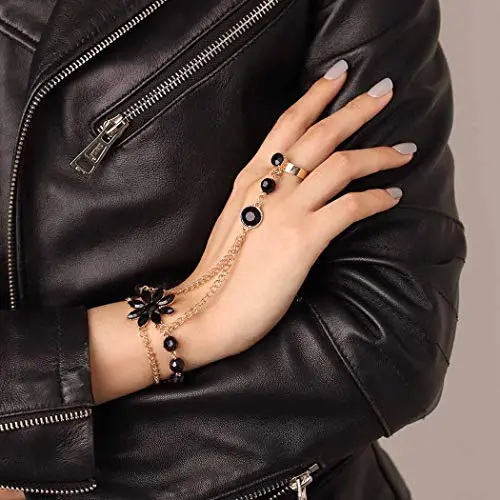Bomine Boho Crystal Finger Bracelets Ring Hand Chain Gold Flower Beach Slave Bracelet Jewelry Chain for Women and Girls Bomine Boho Crystal Finger Bracelets Ring Hand Chain Gold Flower Beach Slave Bracelet Jewelry Chain for Women and Girls
