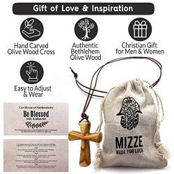 Hand Carved Tapered Wooden Cross Necklace for Men & Women on Adjustable Long Leather Cord - Available in Black or Brown - Wood Cross Pendant Gift for All Ages