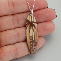 Wood Grain Surfboard Coated Stainless Steel Pendant Necklace w/ Palm Tree and Hibiscus 18'' Sterling Silver Chain