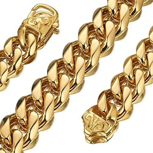 Jewelry Kingdom 1 Cuban Link Chain 18K Gold Necklace Bracelet for Men Women Stainless Chunky Thick Heavy Curb Link 15MM 8inches to 30inches Jewelry Kingdom 1 Cuban Link Chain 18K Gold Necklace Bracelet for Men Women Stainless Chunky Thick Heavy Curb Link 15MM 8inches to 30inches