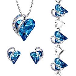 Leafael Infinity Love Crystal Heart Bundle Jewelry Set Bermuda Sapphire Blue September Birthstone, Silver-tone