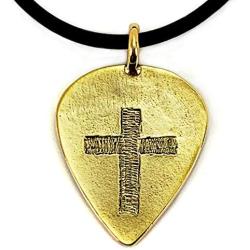 Cross Guitar Pick (stg3g) Antique Gold Finish On Black Rubber Cord