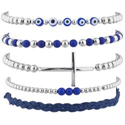 LUX ACCESSORIES Silver Tone Blue Evil Eye Cross Suede Arm Candy Bracelet Set (5pc)