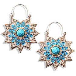 DAMLENG Unique Handmade Blue Boho Vintage Gypsy Mandala Flower Dangle Earrings for Women Girls Ethnic Tribal Retro Turquoise Geometry Hollow Leaf Jewelry Drop Earrings