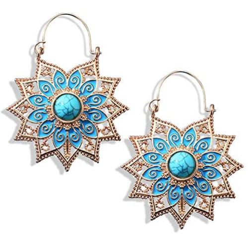 DAMLENG Unique Handmade Blue Boho Vintage Gypsy Mandala Flower Dangle Earrings for Women Girls Ethnic Tribal Retro Turquoise Geometry Hollow Leaf Jewelry Drop Earrings