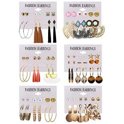 Finrezio 39 Pairs Tassel Earrings Set for Women Ball Crystal Bar Heart Flower Stud Pearl Metal Leaf Acrylic Dangle Hoop Earrings Set