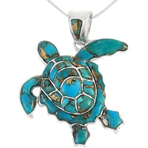 Turquoise Network Turtle Pendant Necklace in Sterling Silver 925 & Genuine Gemstones Turquoise Network Turtle Pendant Necklace in Sterling Silver 925 & Genuine Gemstones