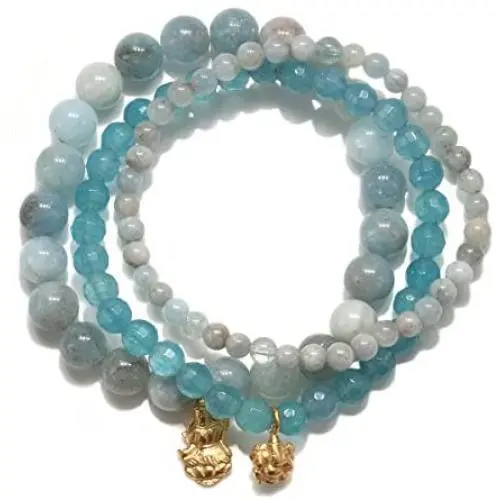 Aquamarine Gold Ganesha Lakshmi Stretch Bracelet Set, Blue, One Size Aquamarine Gold Ganesha Lakshmi Stretch Bracelet Set, Blue, One Size