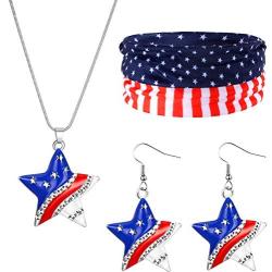 Flag Headband American USA Flag Star Pendant Necklace Independence Day Earrings Set