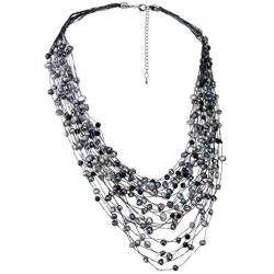 Cultured Freshwater Pearl & Fashion Crystal Silk Layered Multi Strand Necklace
