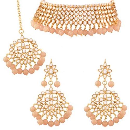 I Jewels Traditional Kundan & White Pearl Choker Necklace Set for Women (K7075)