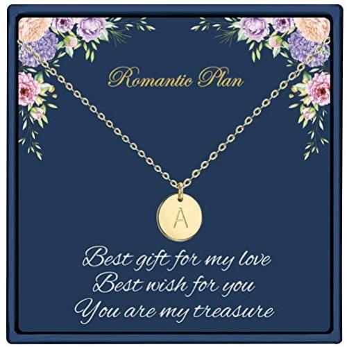 Initial Pendant Necklace, 14K Gold Filled Dainty Round Disc Double Side Engraved Hammered Initial Necklace Personalized Letter Pendant Initial Necklaces Jewelry Gifts for Women Girls
