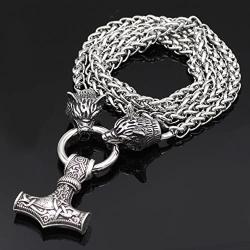 GuoShuang Men Viking Stainless Steel Wolf Head with Thors Mjolnir Pendant Necklace