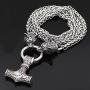 GuoShuang Men Viking Stainless Steel Wolf Head with Thors Mjolnir Pendant Necklace