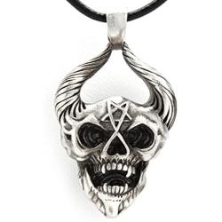 Trilogy Jewelry Pewter Horned Demon Head with Inverted Pentagram Pendant on Leather Necklace