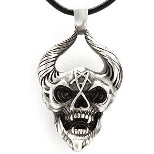 Trilogy Jewelry Pewter Horned Demon Head with Inverted Pentagram Pendant on Leather Necklace