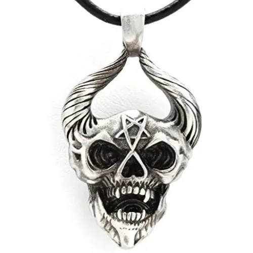 Trilogy Jewelry Pewter Horned Demon Head with Inverted Pentagram Pendant on Leather Necklace Trilogy Jewelry Pewter Horned Demon Head with Inverted Pentagram Pendant on Leather Necklace
