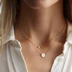 Ldurian Layered Necklace, Set of 2, Choker Chain with Coin Pendant, Layering Drop Lariat for Women, Dainty Minimalist Jewelry (14K Gold Plated)