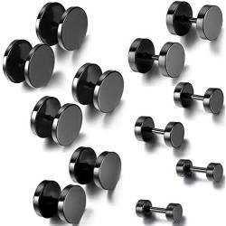 Aroncent 12PCS 6 Pairs 4-14mm Stainless Steel Black Stud Earrings Set Faux Fake Gauges Earrings Fake Ear Plugs Earrings