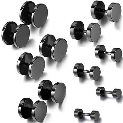 Aroncent 12PCS 6 Pairs 4-14mm Stainless Steel Black Stud Earrings Set Faux Fake Gauges Earrings Fake Ear Plugs Earrings