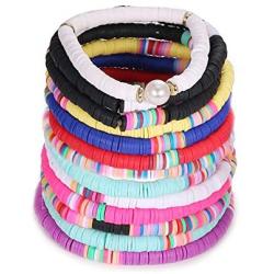 SOOWOOT Heishi Surfer Bracelets-Handmade Rainbow Bead Bracelet Set Stackable Vinyl Disc Stretch Bracelet Boho Beaded Bracelets Jewelry for Women Girls