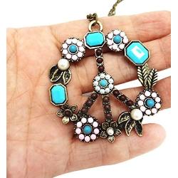 QTMY Fashion Antiwar Peace Sign Long Statement Choker Necklace Jewelry Collar with Pendant Chain for Women