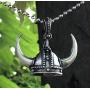 Viking Jewelry Norse Nordic Celtic Barbarian Gladiator Medieval Horned Helmet Hat Knight Armor Protection Amulet Lucky Charm Money Talisman pewter mens pendant necklace for men w Silver Ball Chain