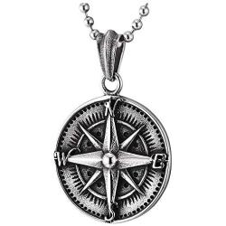 COOLSTEELANDBEYOND Mens Women Stainless Steel Vintage Compass Circle Medal Pendant Necklace, 23.6 inches Ball Chain