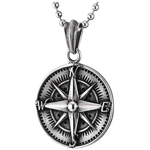 COOLSTEELANDBEYOND Mens Women Stainless Steel Vintage Compass Circle Medal Pendant Necklace, 23.6 inches Ball Chain