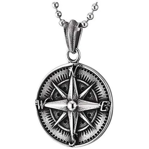 COOLSTEELANDBEYOND Mens Women Stainless Steel Vintage Compass Circle Medal Pendant Necklace, 23.6 inches Ball Chain COOLSTEELANDBEYOND Mens Women Stainless Steel Vintage Compass Circle Medal Pendant Necklace, 23.6 inches Ball Chain