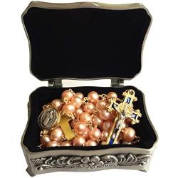 elegantmedical Pink 8mm Real Pearl BEADS St. Benedict GOLD ROSARY CROSS Necklace & box Catholic GIFTS