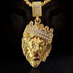 Aiyo Fashion Hip Hop Jewelry Crown Lion Head Pendant Iced Out Clear Rhinestones Curb Cuban Chain Stainless Steel Necklace