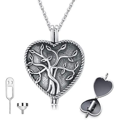 S925 Sterling Silver Heart Urn Ashes Necklace,Tree of Life Cremation Jewelry for Ashes, Keepsake, Memorial Urn Locket Pendant Necklace for Human or Pets