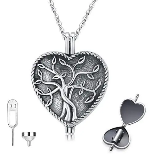 S925 Sterling Silver Heart Urn Ashes Necklace,Tree of Life Cremation Jewelry for Ashes, Keepsake, Memorial Urn Locket Pendant Necklace for Human or Pets