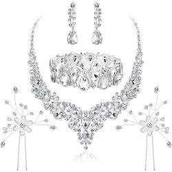 Hanpabum Bridal Austrian Crystal Teardrop Cluster Statement Necklace Dangle Earrings Jewelry Set Gifts Fit with Wedding Dress