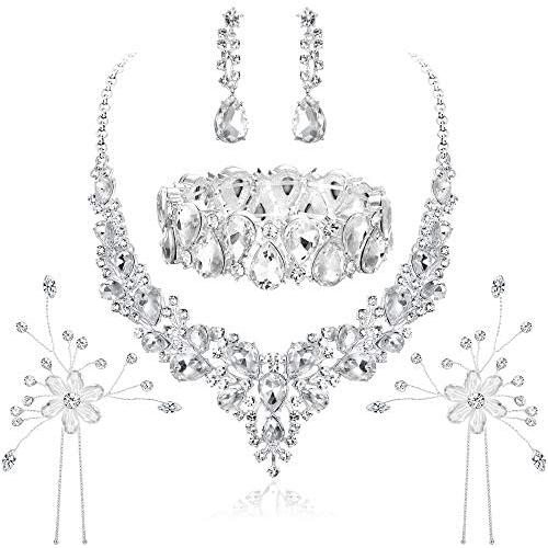 Hanpabum Bridal Austrian Crystal Teardrop Cluster Statement Necklace Dangle Earrings Jewelry Set Gifts Fit with Wedding Dress