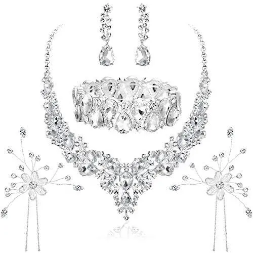 Hanpabum Bridal Austrian Crystal Teardrop Cluster Statement Necklace Dangle Earrings Jewelry Set Gifts Fit with Wedding Dress Hanpabum Bridal Austrian Crystal Teardrop Cluster Statement Necklace Dangle Earrings Jewelry Set Gifts Fit with Wedding Dress