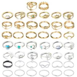 INENIMARTJ 44 Pcs Vintage Knuckle Rings Set for Women Stackable Boho Gold&Silver Finger Rings Bohemian Midi Rings Star Moon Wave Turquoise Evil Eye Rings for Teen Girls