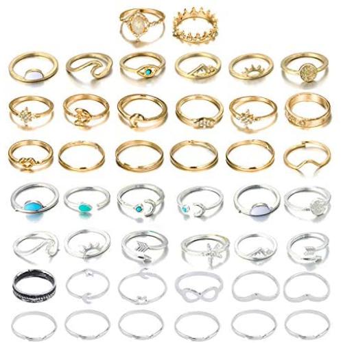INENIMARTJ 44 Pcs Vintage Knuckle Rings Set for Women Stackable Boho Gold&Silver Finger Rings Bohemian Midi Rings Star Moon Wave Turquoise Evil Eye Rings for Teen Girls