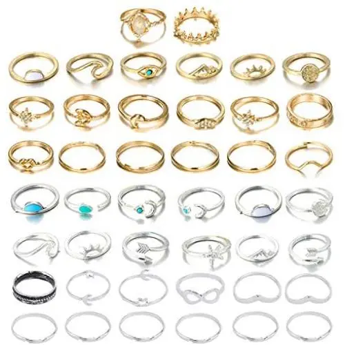INENIMARTJ 44 Pcs Vintage Knuckle Rings Set for Women Stackable Boho Gold&Silver Finger Rings Bohemian Midi Rings Star Moon Wave Turquoise Evil Eye Rings for Teen Girls