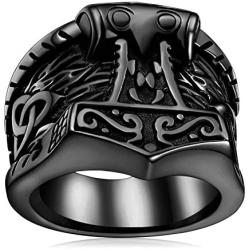 FaithHeart Norse Viking Jewelry Mens Stainless Steel Vikings Thors Hammer/Wolf Head Ring Valknut Warriors Gothic Jewelry-Personalized Engrave