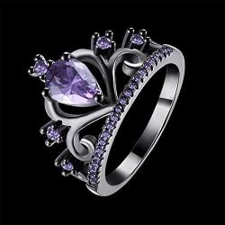 WANGYUSHENG Womens Black Gold Plated Purple Amethyst Cubic Zirconia CZ Princess Crown Tiara Ring Wedding Band