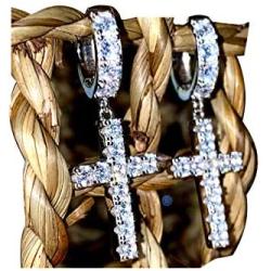 Mens Ladies 14K White Gold Over Silver Lab Diamond Cross Hoop Earrings latch Back Studs Iced Out aretes para hombre - Mens Earrings, Latch Back, Mens Jewelry, Hip hop Earring