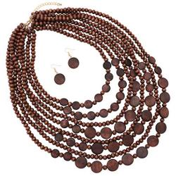 Rosemarie & Jubalee Womens Multi Strand Natural Wood Bead and Disc Necklace and Earrings Bohemian Jewelry Set, 20''-23'' with 3'' Extender