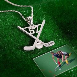 AILIN 925 Sterling Silver Custom Hockey Necklace with Lucky Number and Name Personalized Chain Engraving Pendant Ice Hockey Sticks Sports Athletic Jewelry Gifts for Men Boys Women